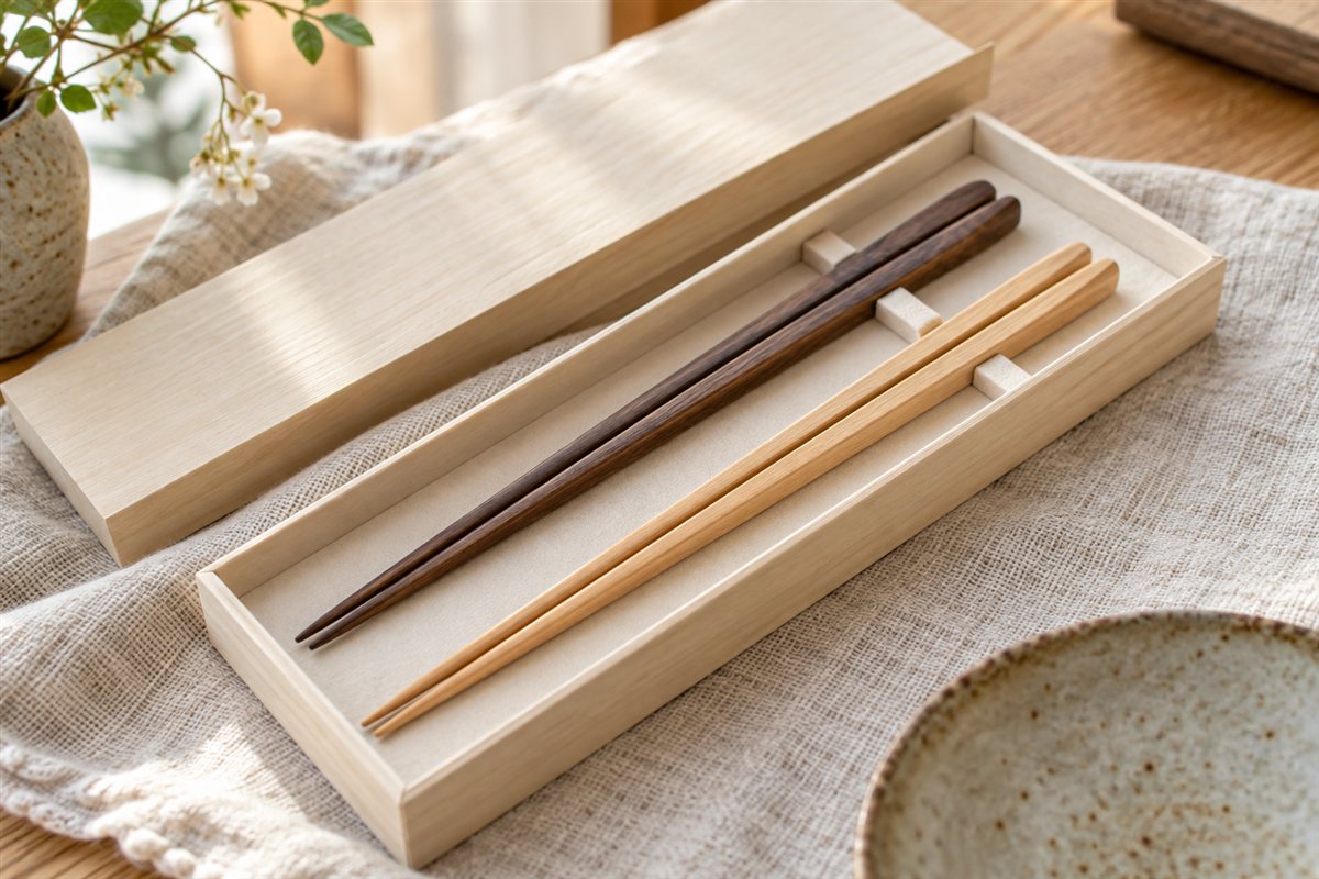 木箱に並べた二組の夫婦箸（イメージ）